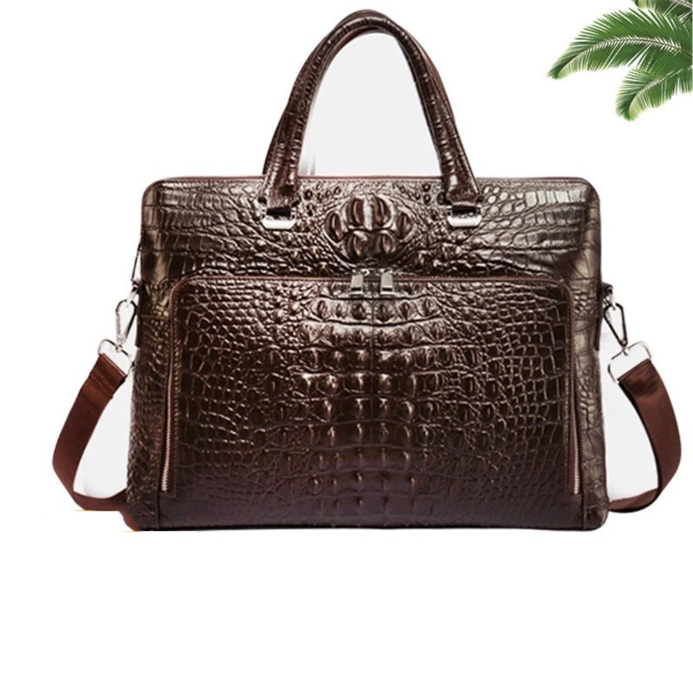 Sophisticated Brown Leather Briefcase with Crocodile Texture